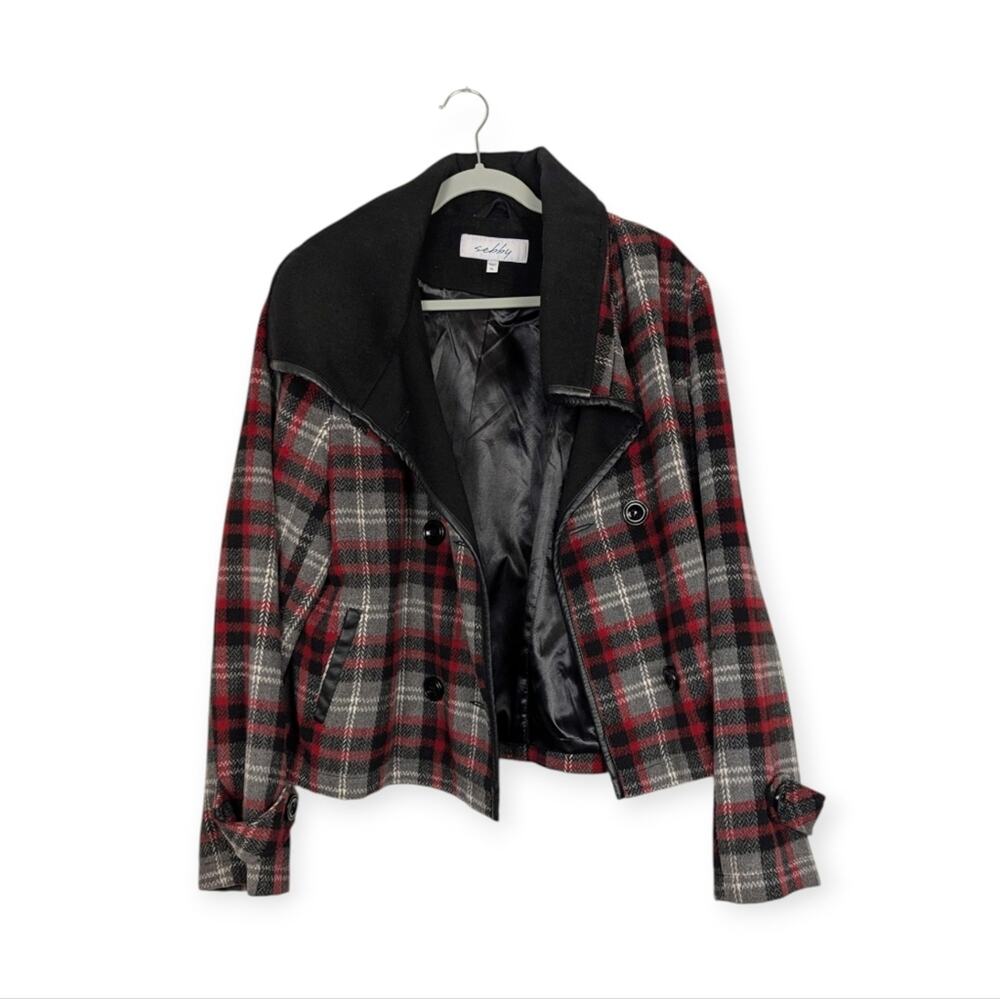 Sebby Plaid Peacoat Jacket XL Red Black Wool Blend Classic Winter Outerwear